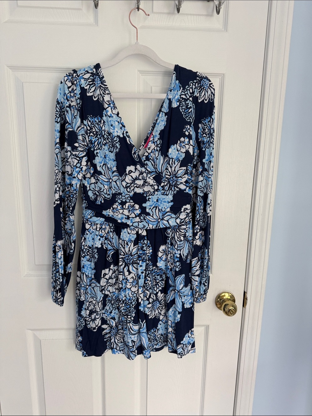 Navy Blue Floral Long-Sleeve Wrap Dress